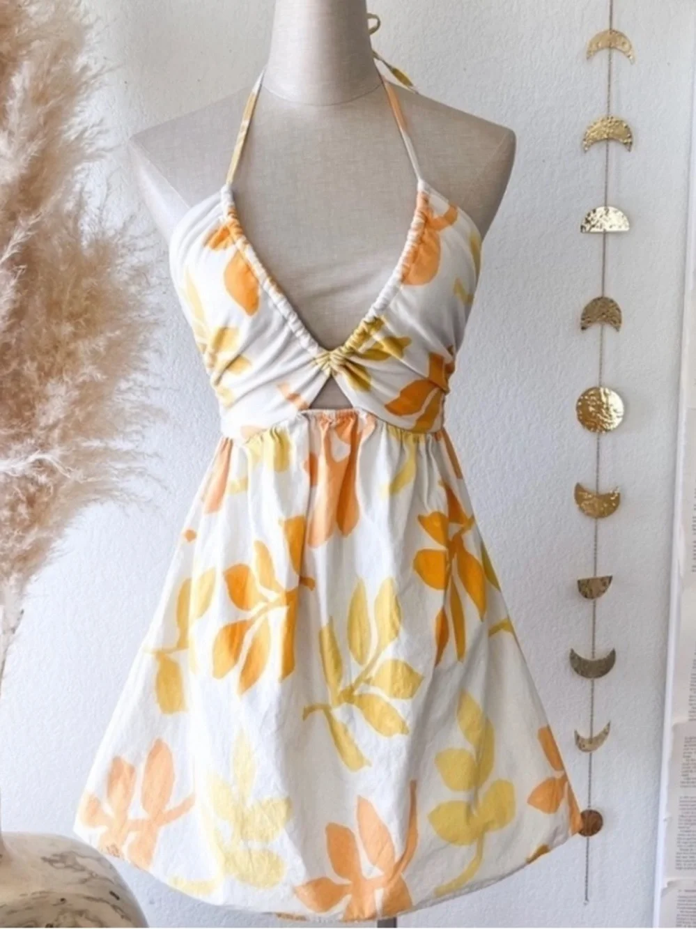 Zara Orange and Yellow Mini Halter Dress floral cutout summer casual resort $78